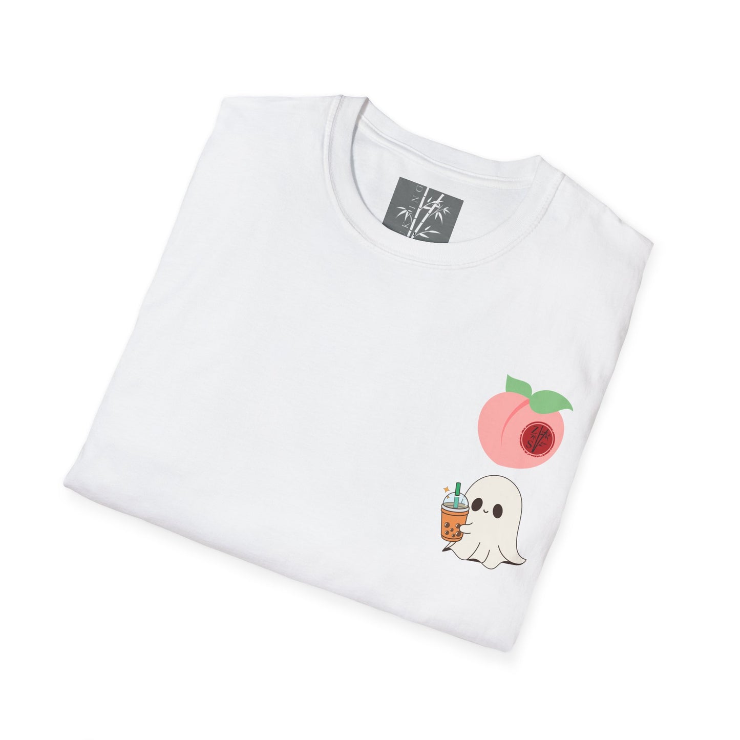 Butt Ghost Graphic T-Shirt Colored Peach Boba Ghost Over Heart