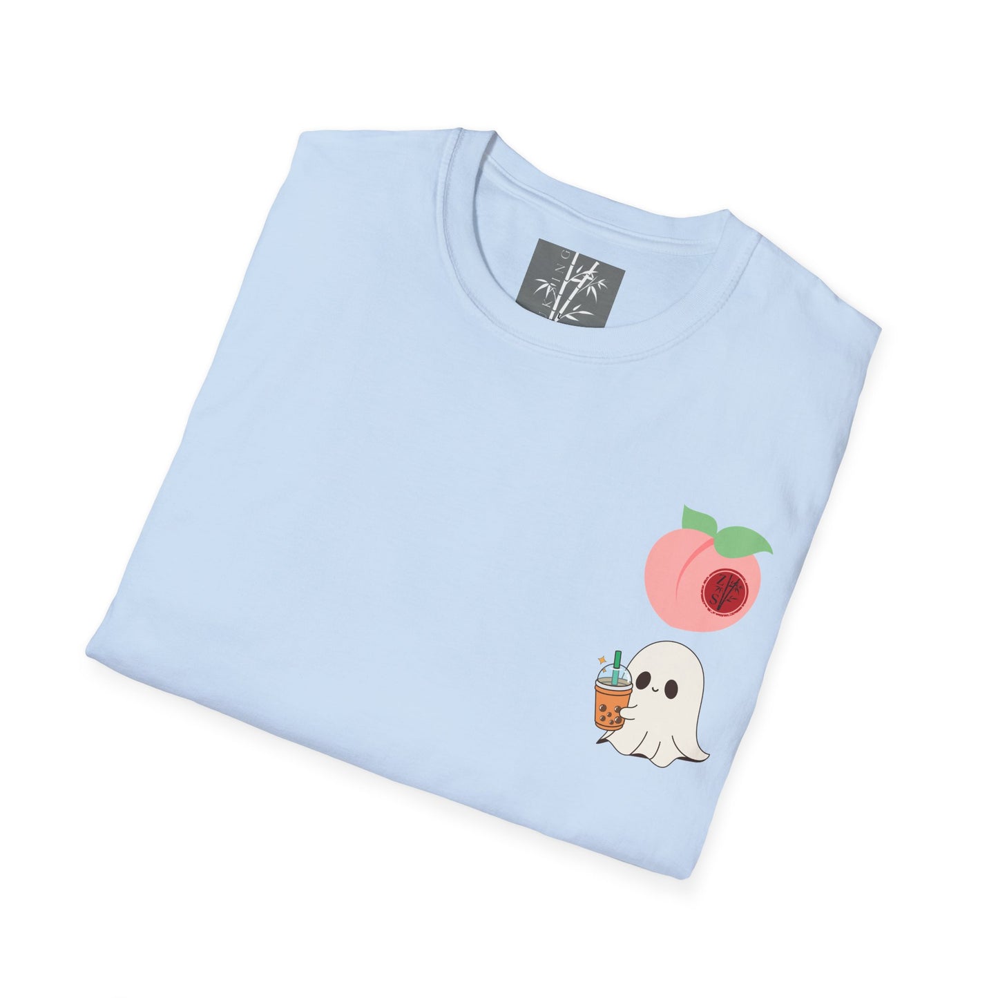 Butt Ghost Graphic T-Shirt Colored Peach Boba Ghost Over Heart