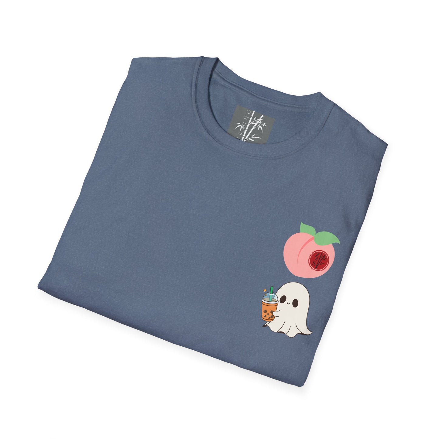 Butt Ghost Graphic T-Shirt Colored Peach Boba Ghost Over Heart